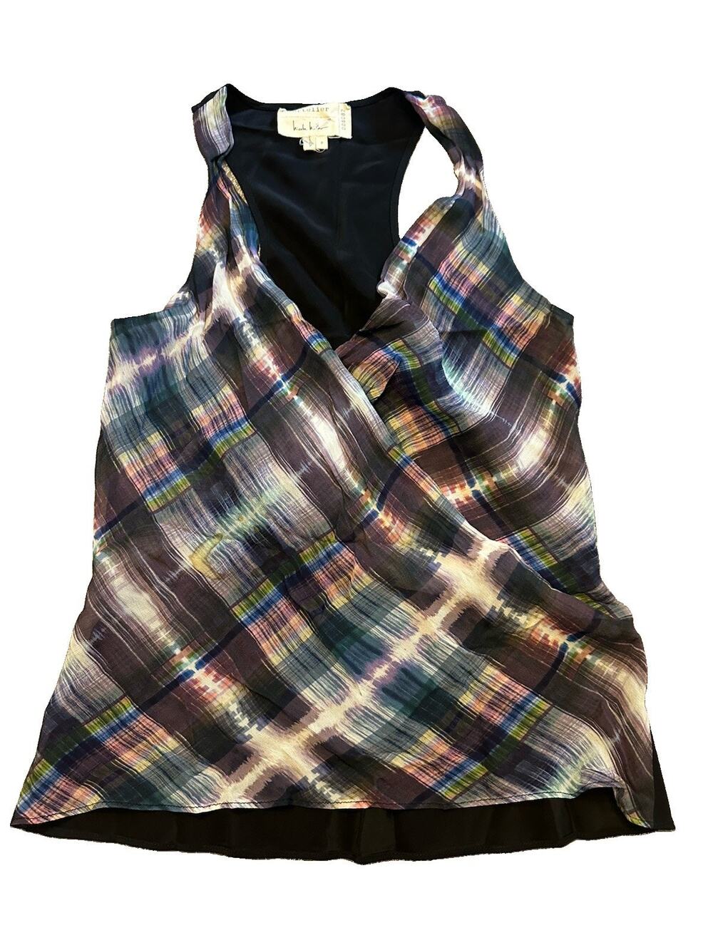 Artelier Nicole Miller Sheer Ikat Plaid Racerback Layered Tank Top Sz P Small